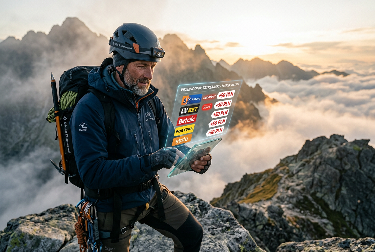 Professional mountain guide reviewing a digital list of casino bonuses.