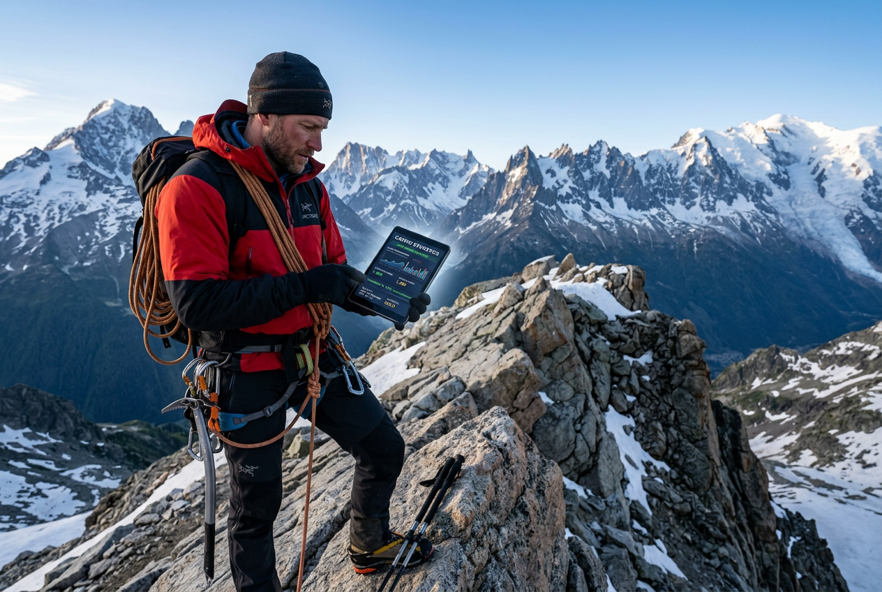A mountain guide reviewing casino data on a digital tablet.