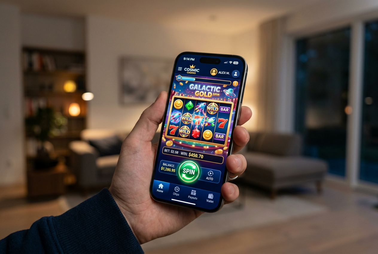 Smartphone screen showing a high-tech online casino interface with vibrant slot games.