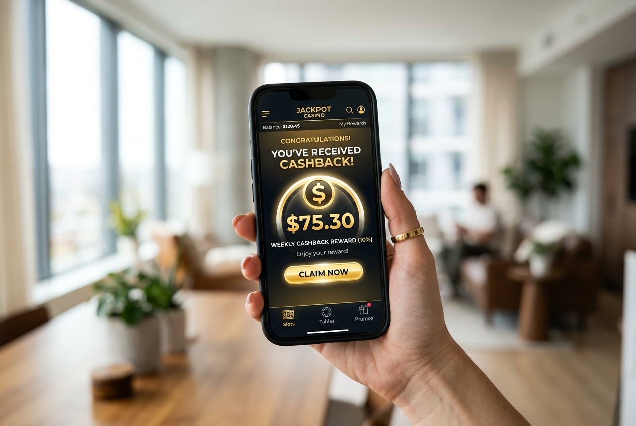A modern smartphone displaying a casino cashback reward screen.
