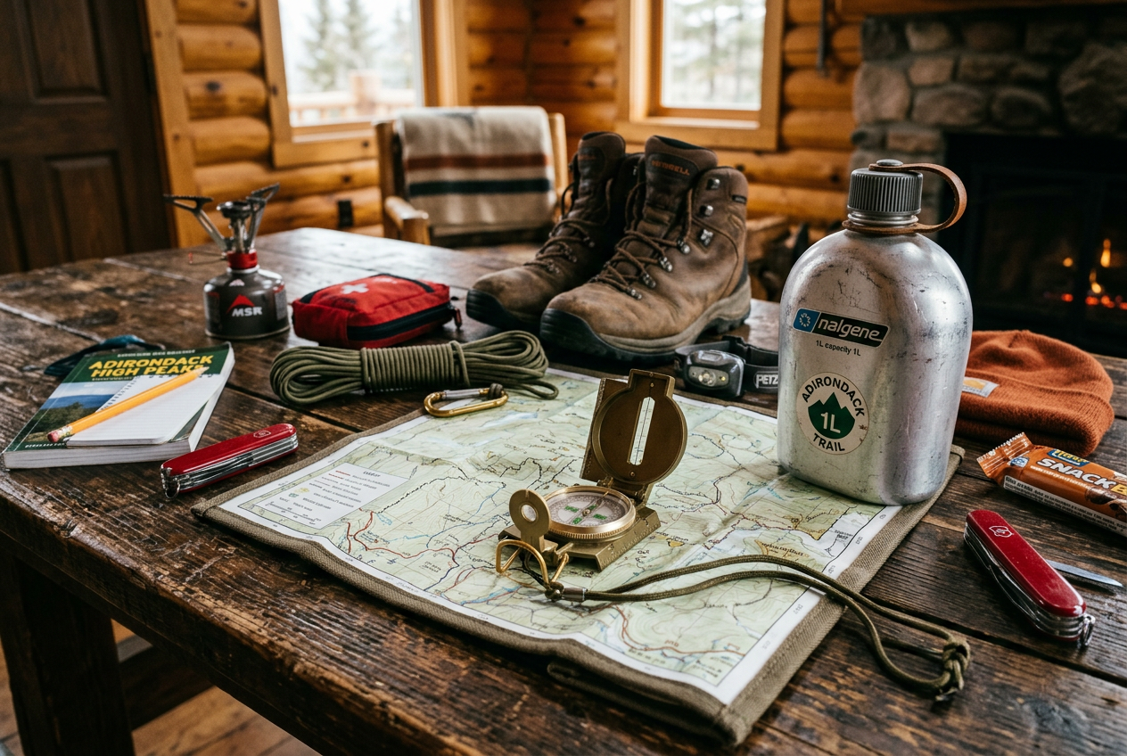 Essential hiking gear laid out for a safe journey.