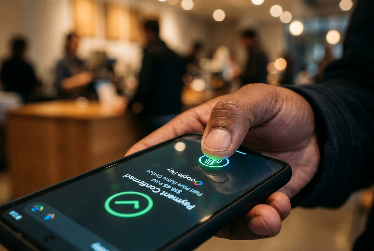 Użytkownik zatwierdzający depozyt Google Pay odciskiem palca na smartfonie