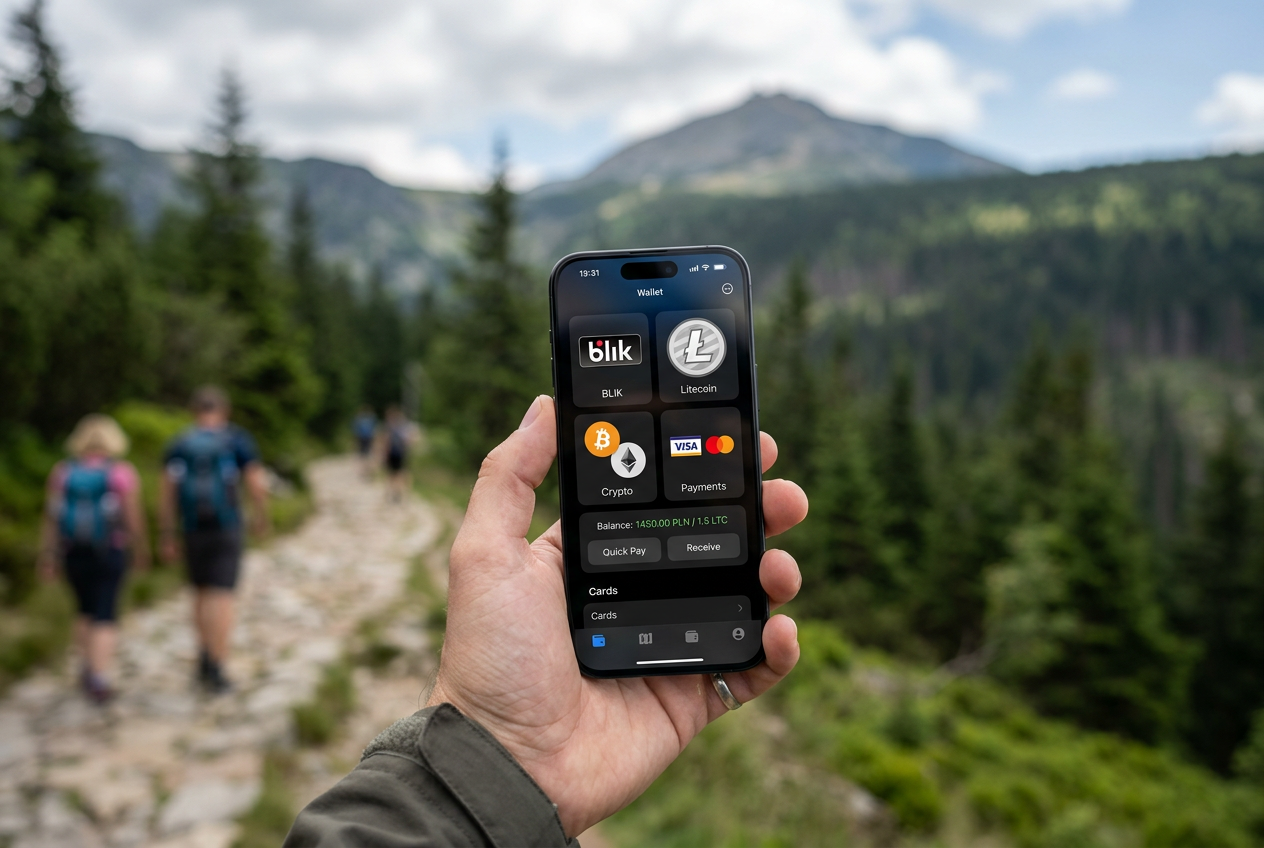 A smartphone showing digital payment icons like BLIK and cryptocurrency symbols against a mountain trail background.
