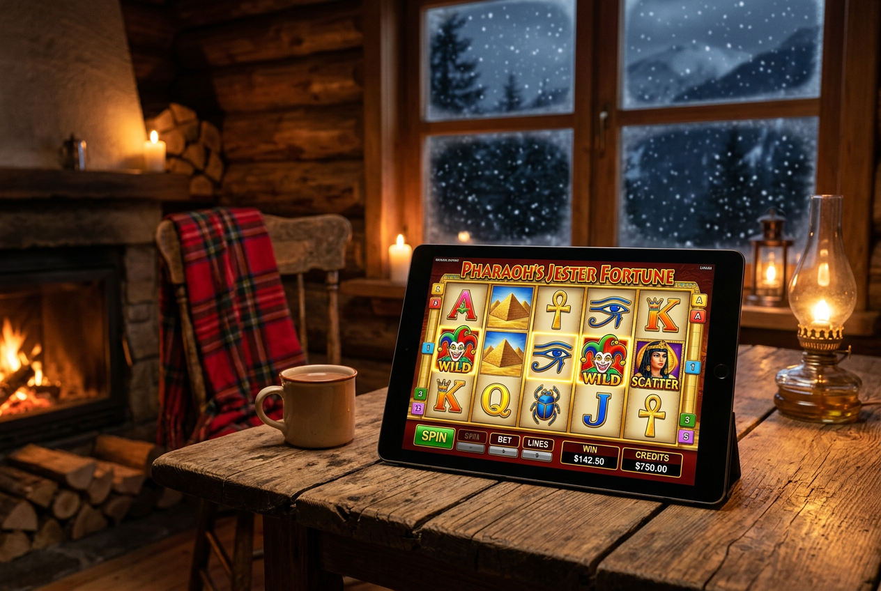 A tablet displaying a slot machine game inside a cozy mountain refuge.