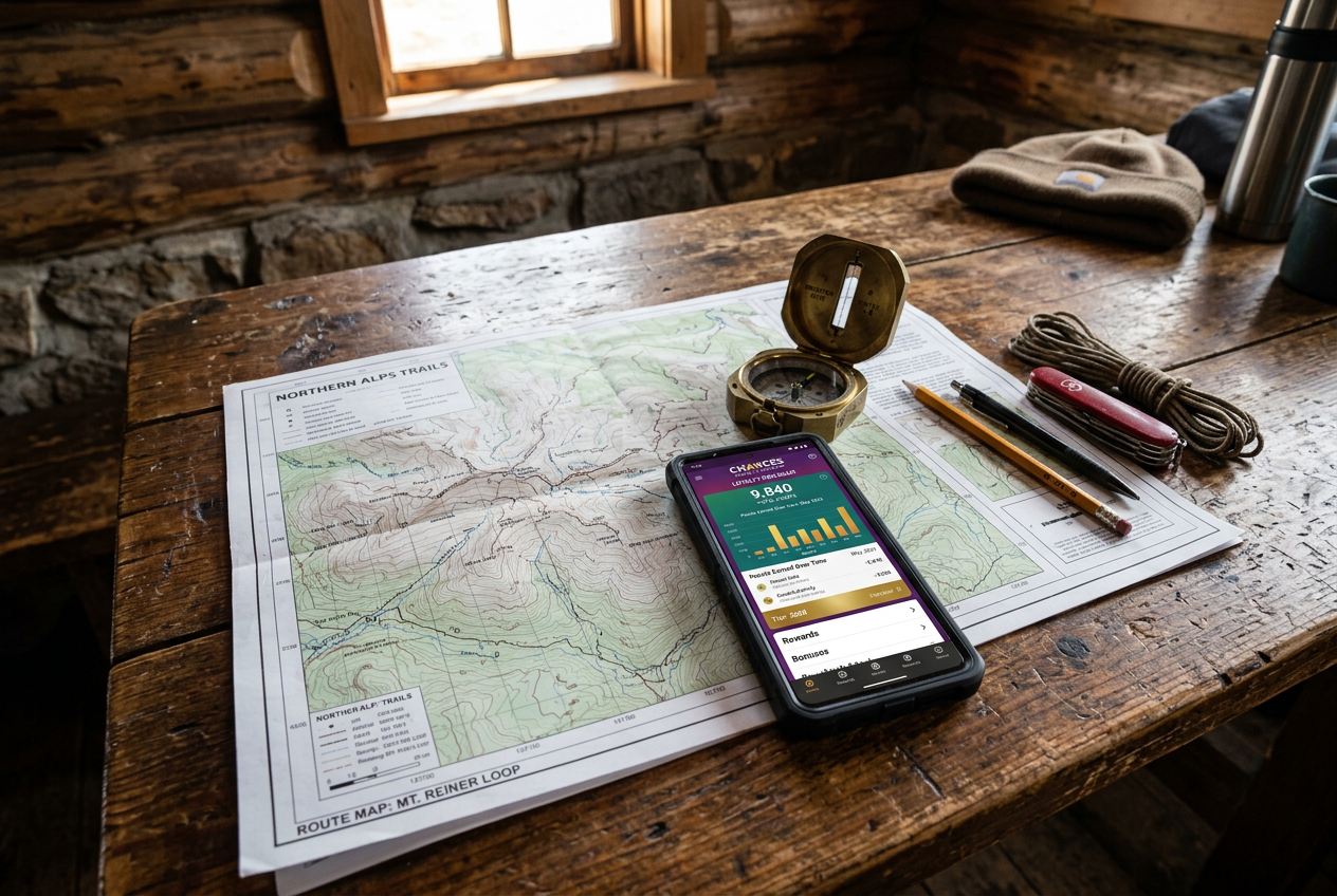 A hiker's desk with a map and a smartphone showing casino data.