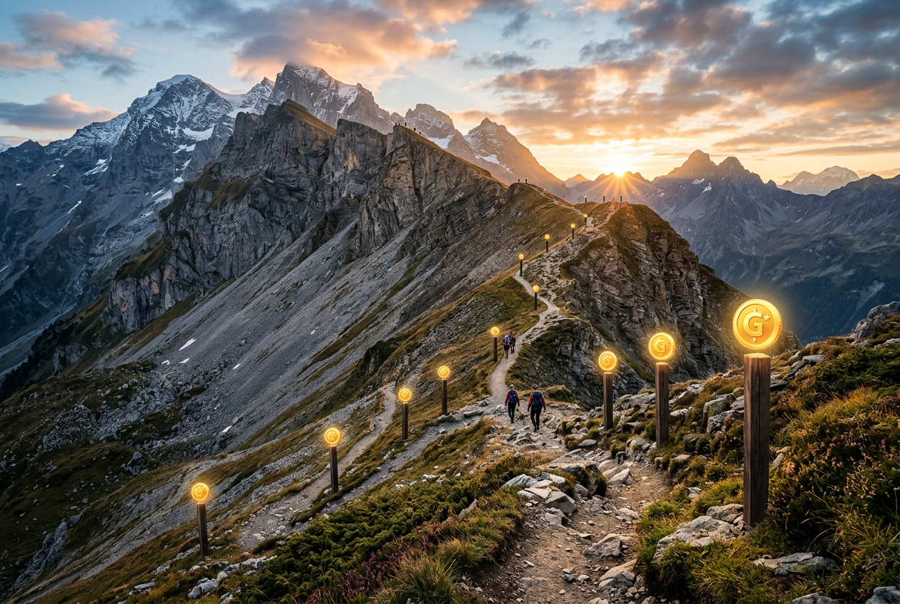 A winding mountain path with golden coin markers leading to a peak.